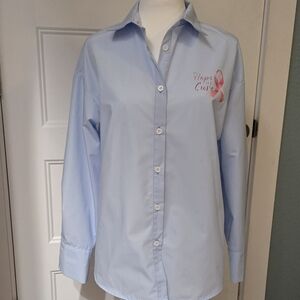 Light Blue Button-Up Shirt with Pink Ribbon For Breast Cancer Awareness